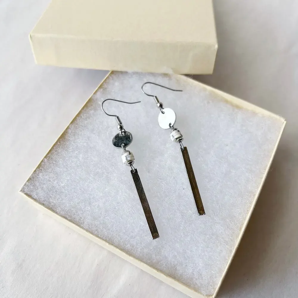 Silver and White Dangly Earrings Handmade Jewelry E1